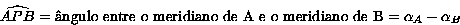 \widehat{APB}=angulo entre o meridiano de A e o meridiano de B = \alpha_A - \alpha_B